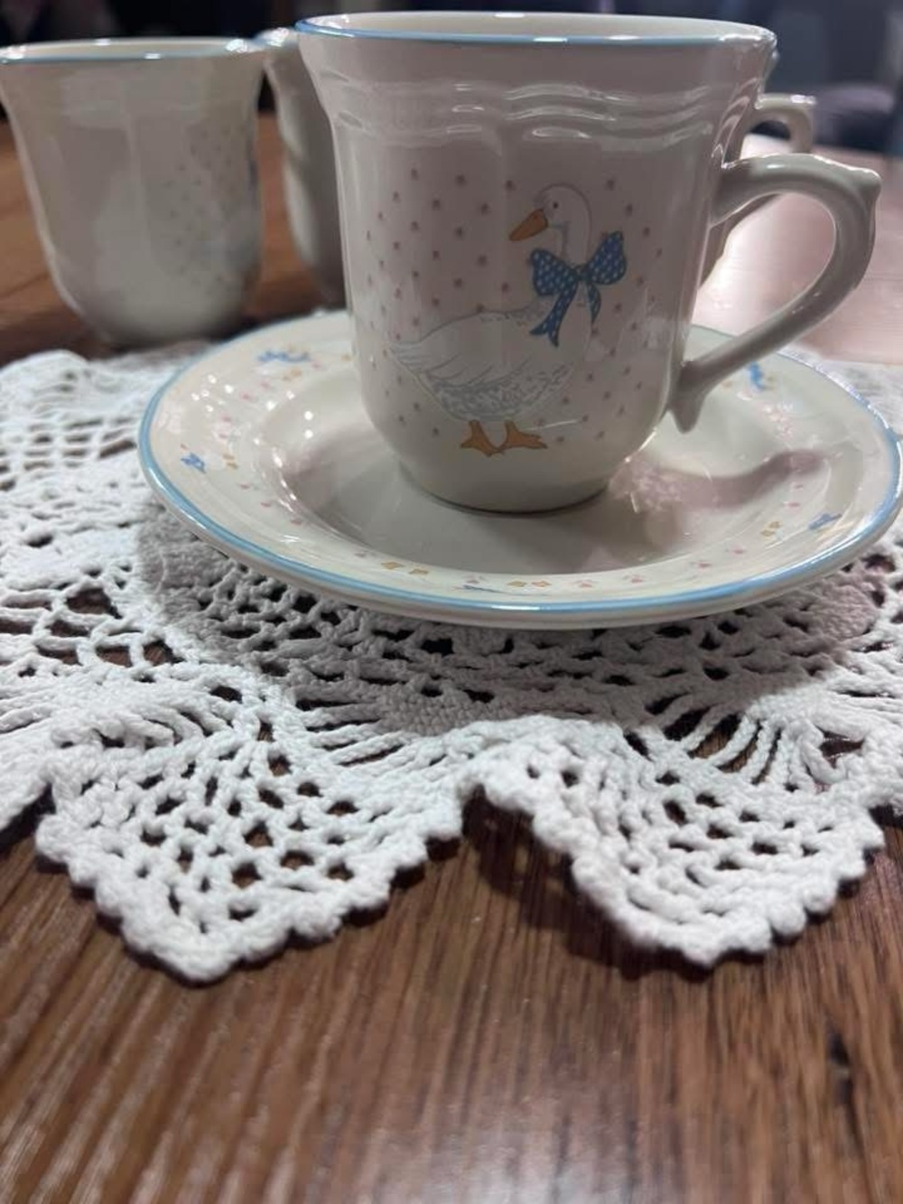 Aunt Rhody Goose Tea Cup & Saucer Set in White with Blue Trim